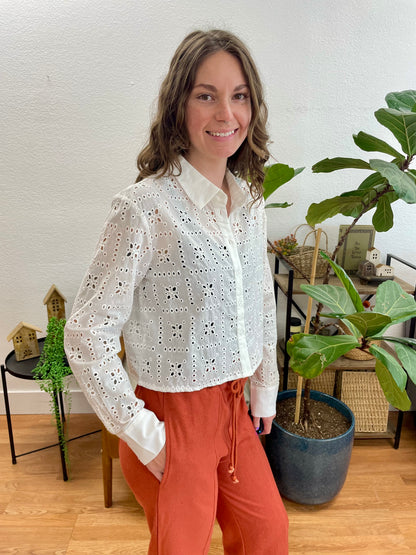 Off White Eyelet Cropped Button Front