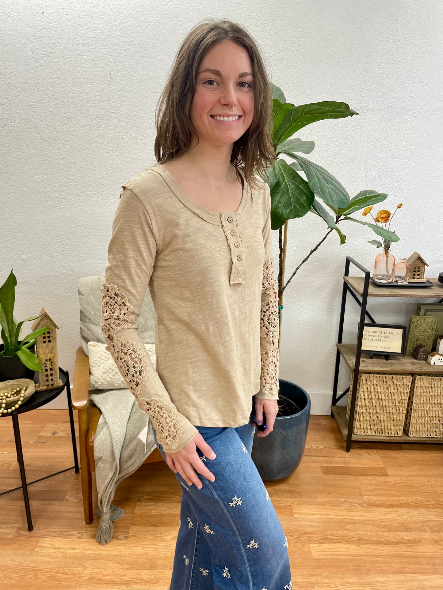 Mocha Lace Trim Knit Top