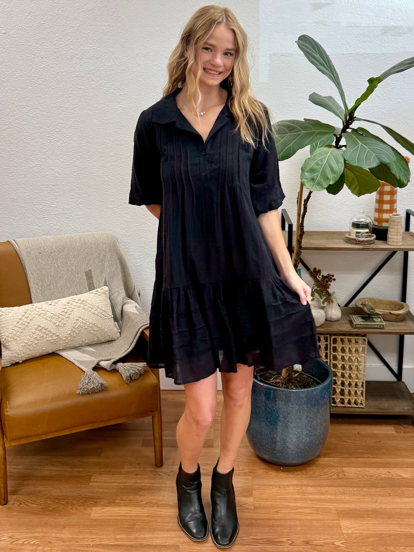 Black Textured Loose Fit Dress
