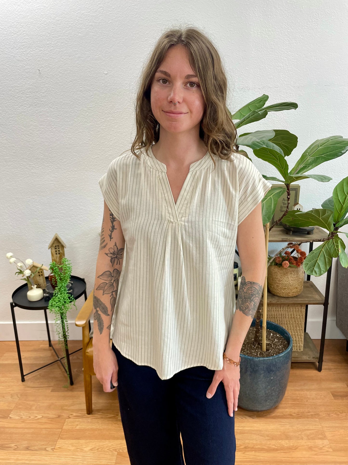 Olive Split Neck Stripe Blouse