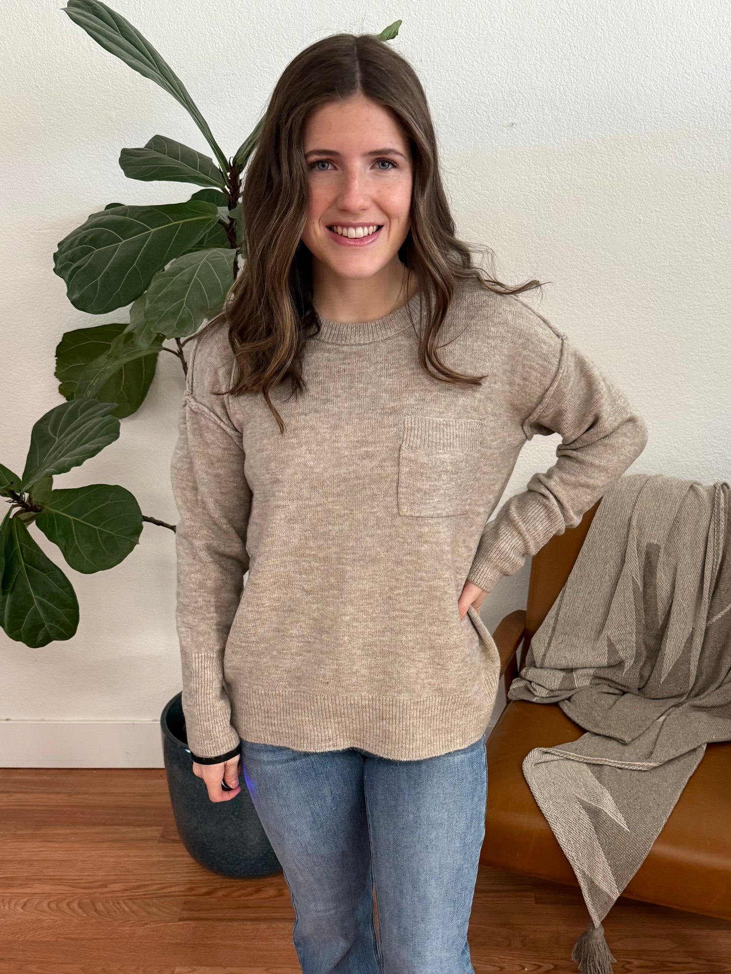 Mocha High Low Round Hem Sweater