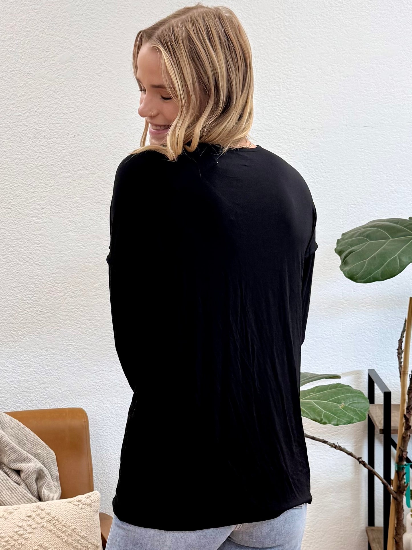 Black Front Seam Cozy V Neck Tee