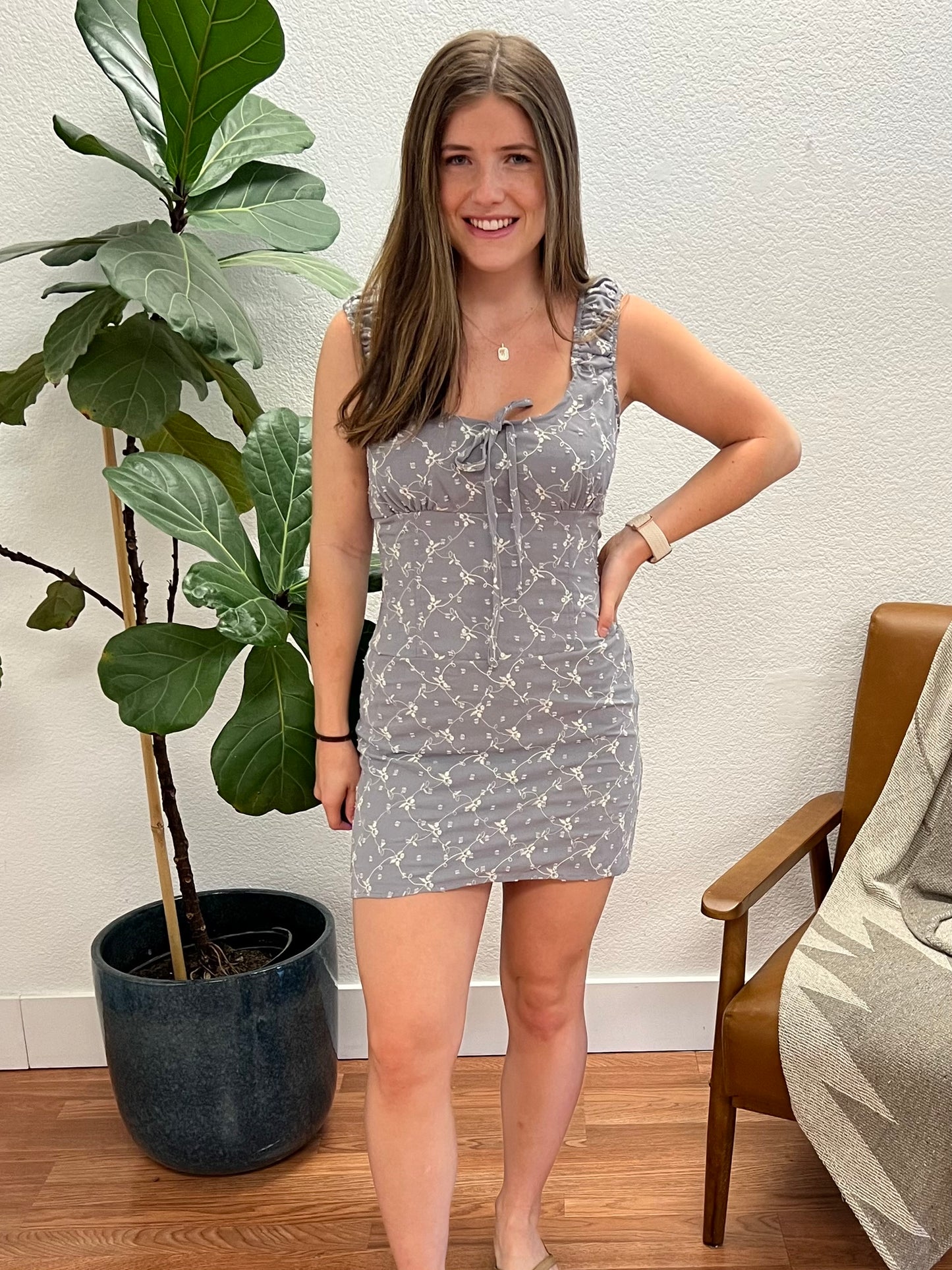 Grey Floral Embroidered Mini Dress