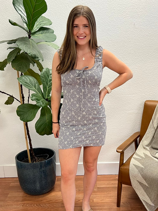 Grey Floral Embroidered Mini Dress