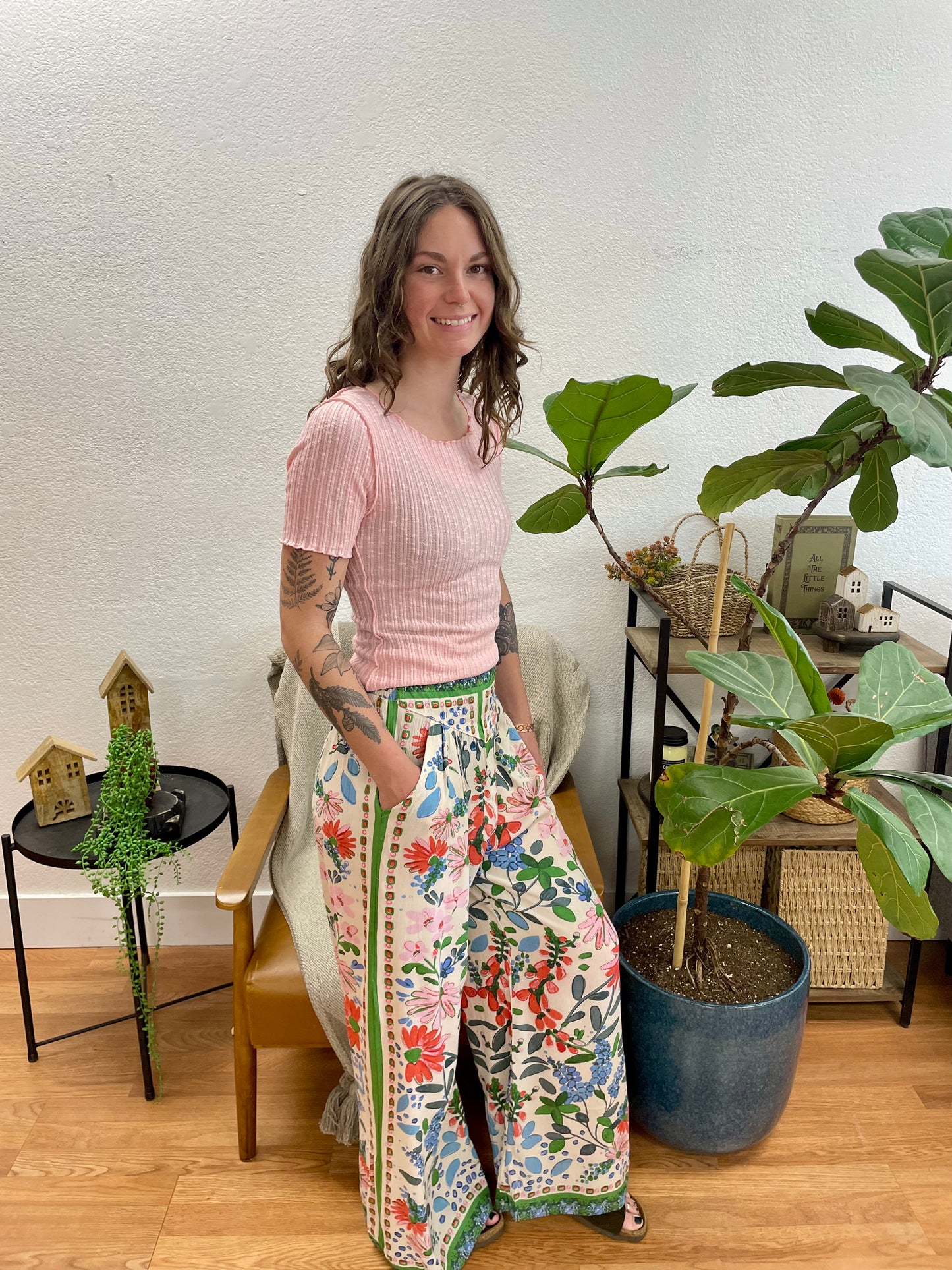Cream Printed Flowy Pants
