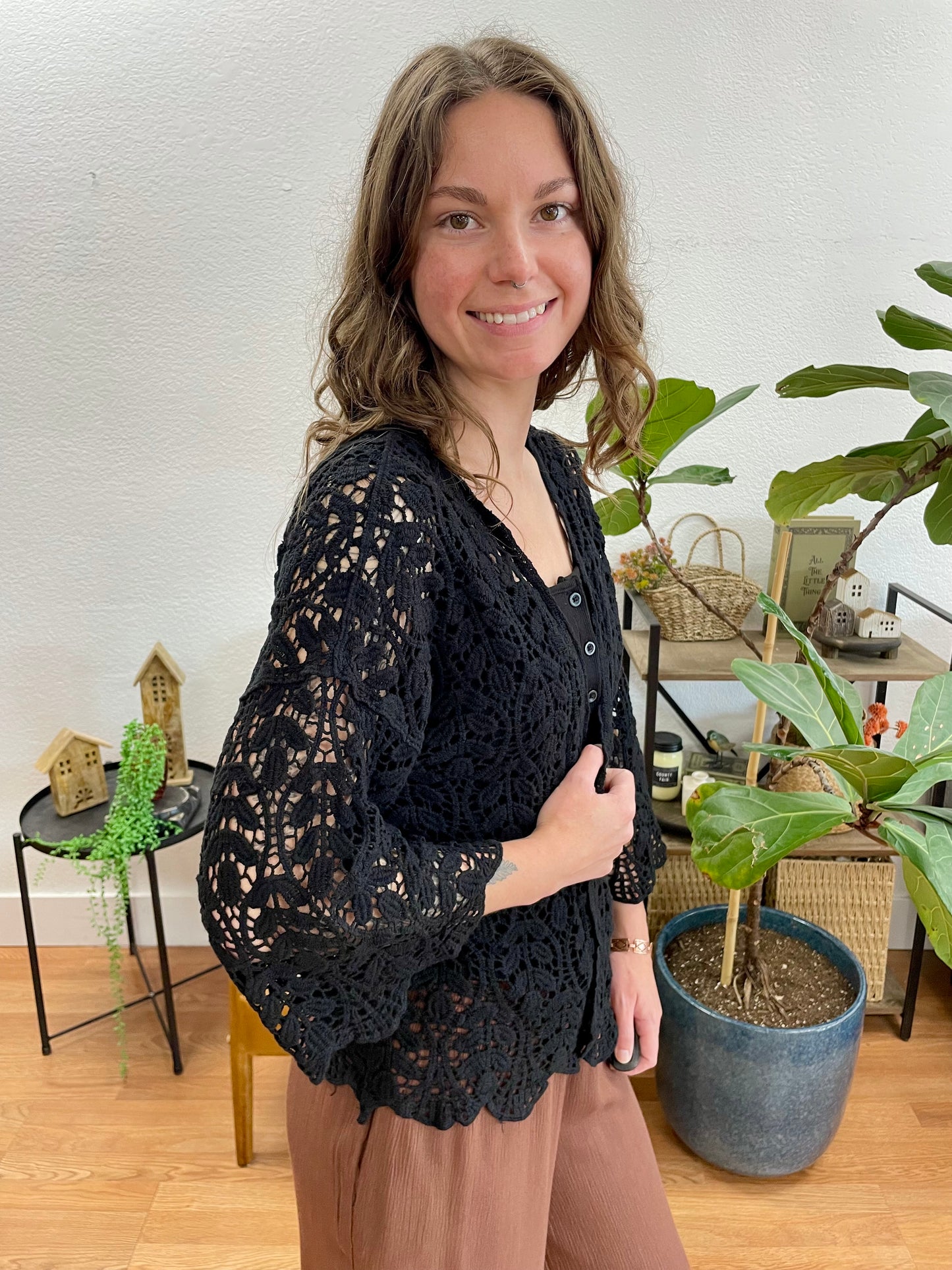 Black Leaf Pattern Cardigan