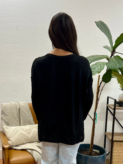 Black Brushed Lace + Knit Henley Top