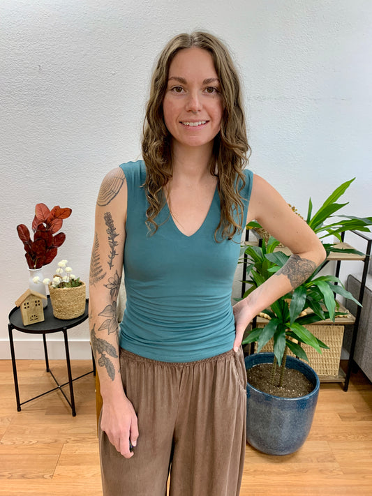 Balsam V Neck Wide Shoulder Top