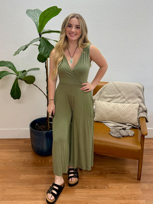Light Olive Surplice Neckline Sleeveless Jumpsuit