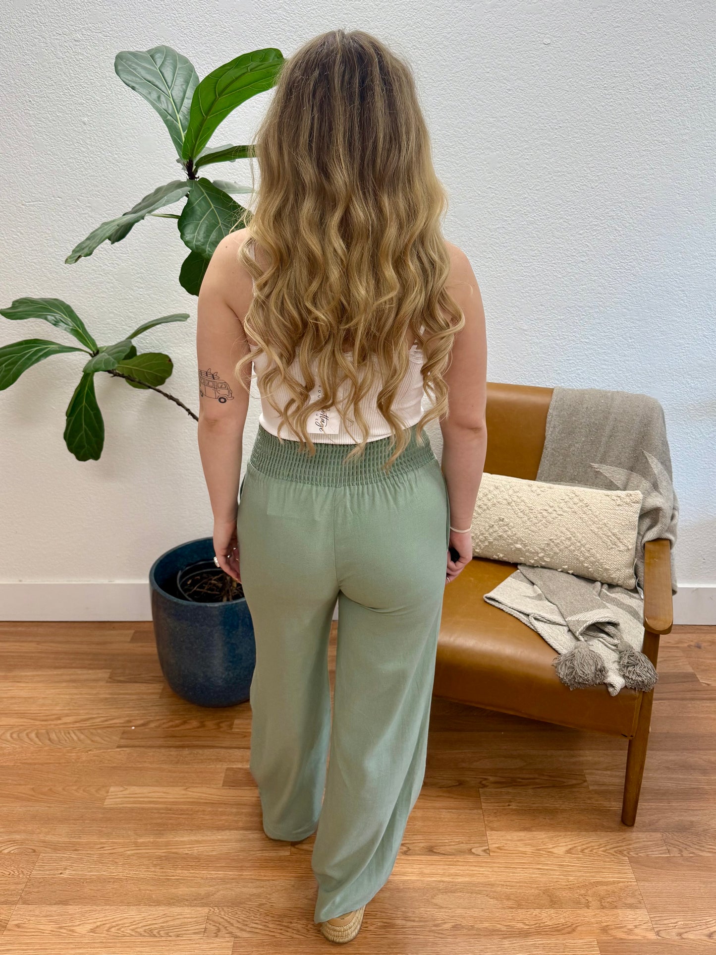 Mint Shirred Linen Pants