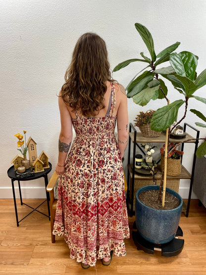 Rust Printed Lace Trim Maxi Dress