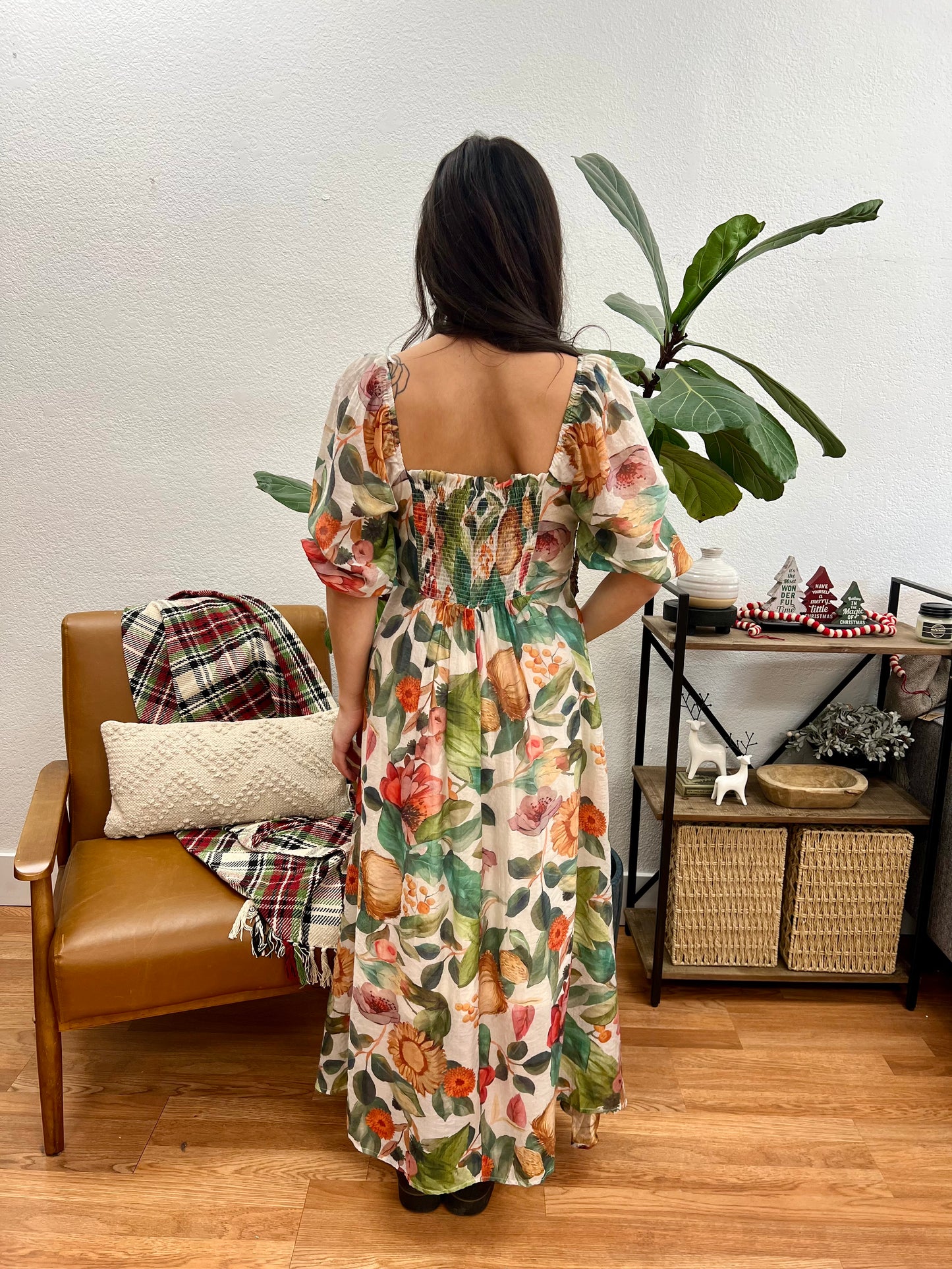 Moss Green Floral Midi Dress