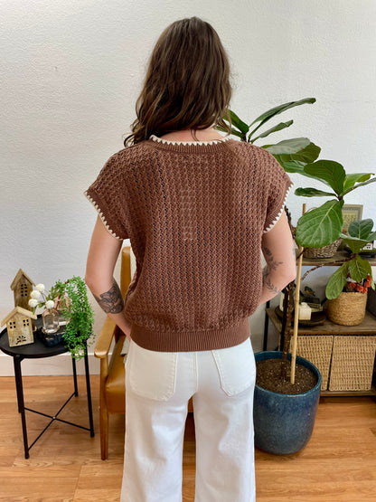 Brown Contrast Trim Short Sleeve Sweater