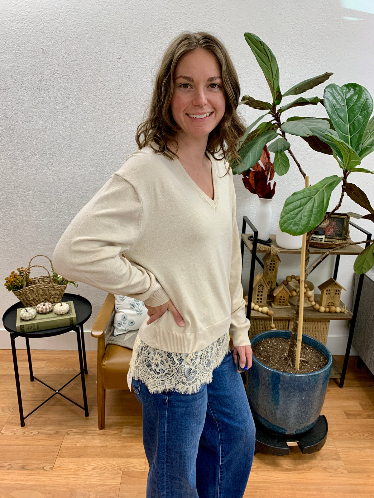 Oatmeal Lace Hem Sweater