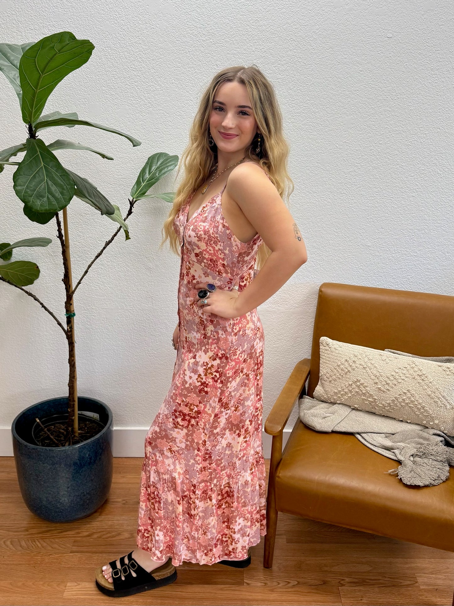 Mauve Lace Up Floral Maxi Dress