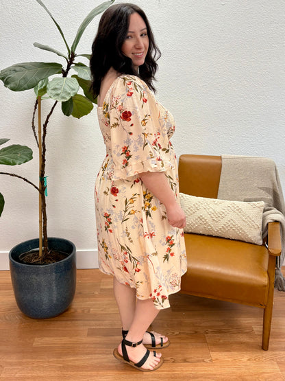 Cream Floral Square Neck Dress