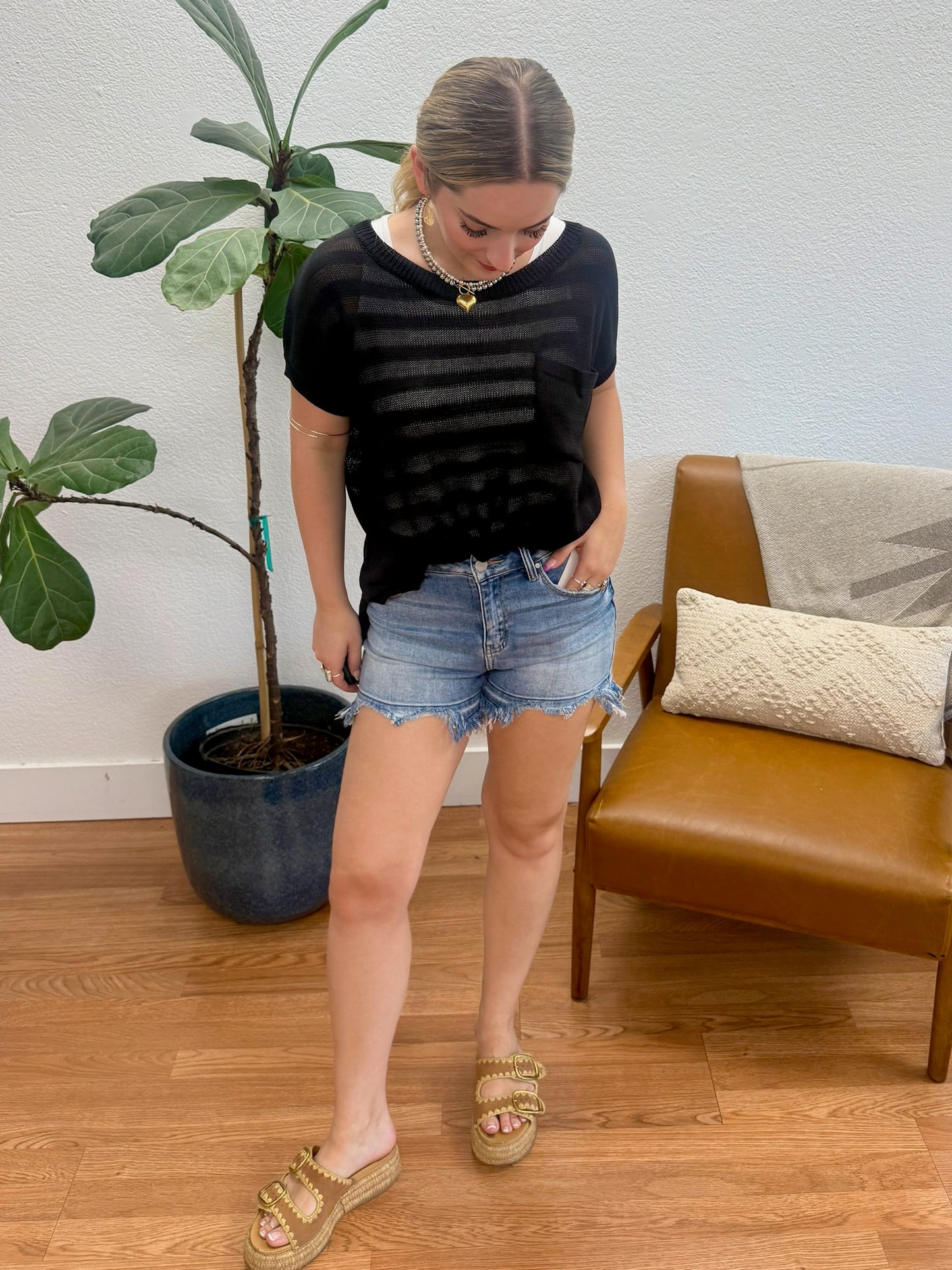 RISEN Medium High Rise Released Hem Shorts