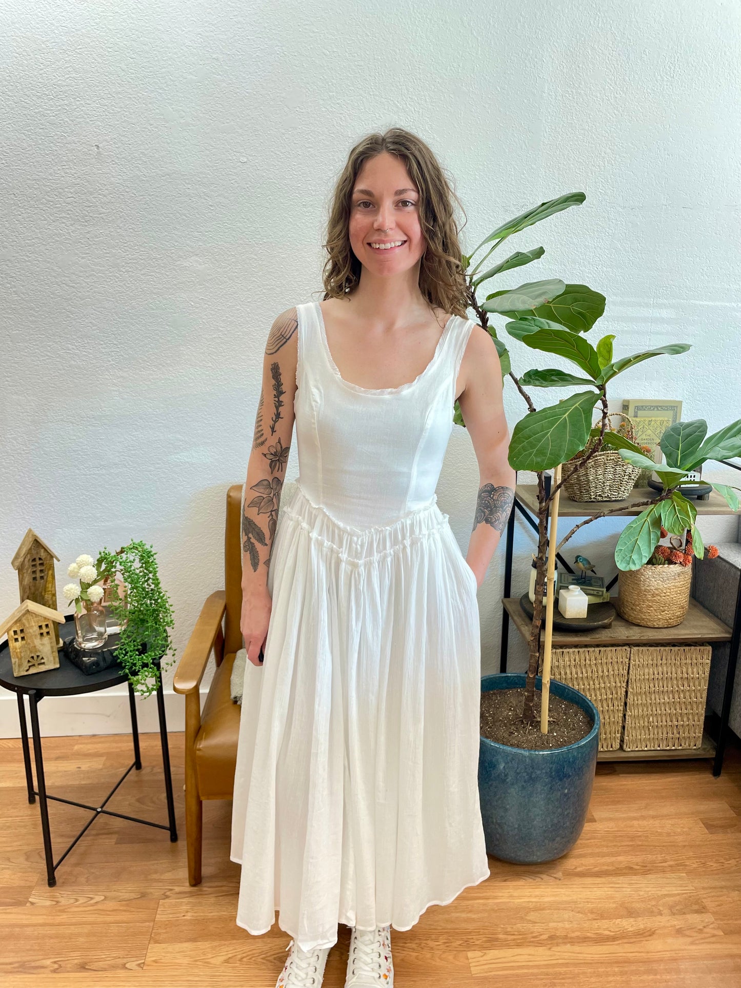 Basque Waist Off White Midi Dress