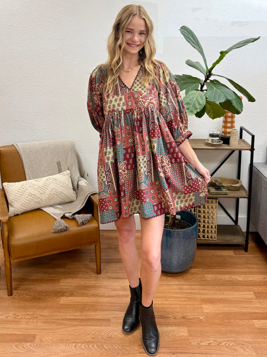 Burgundy Paisley Mini Dress