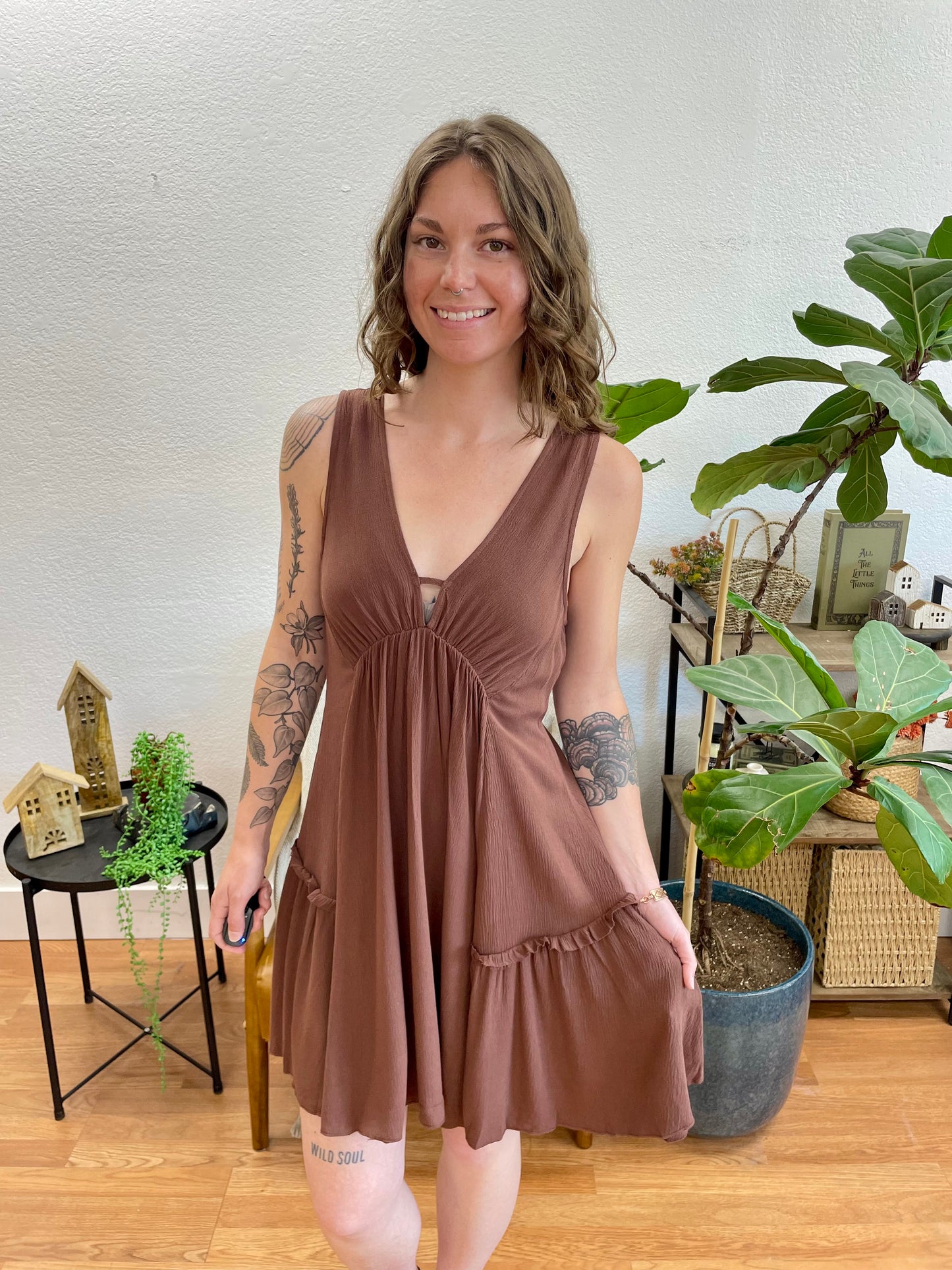 Chocolate V Neck Full Dress