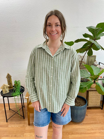 Olive Striped Button Up Blouse