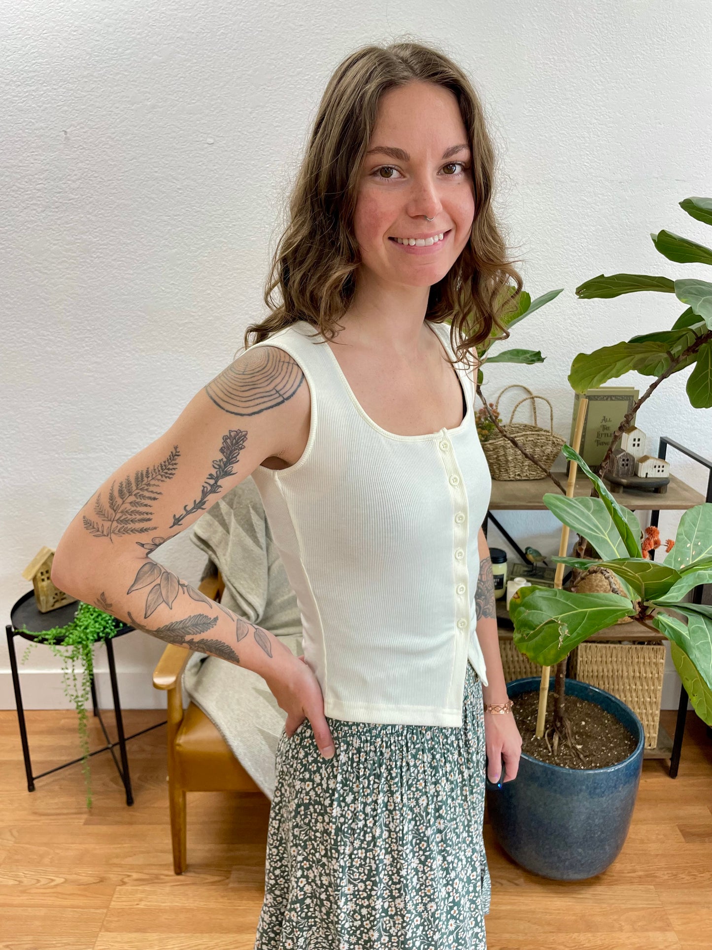 Ivory Scoop Neck Split Hem Tank