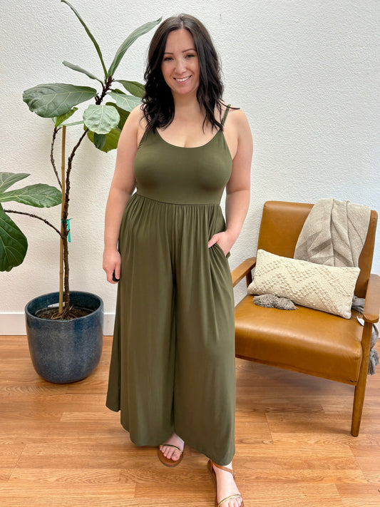 Deep Olive U-Neck Flare Wide Leg Jumpsuit