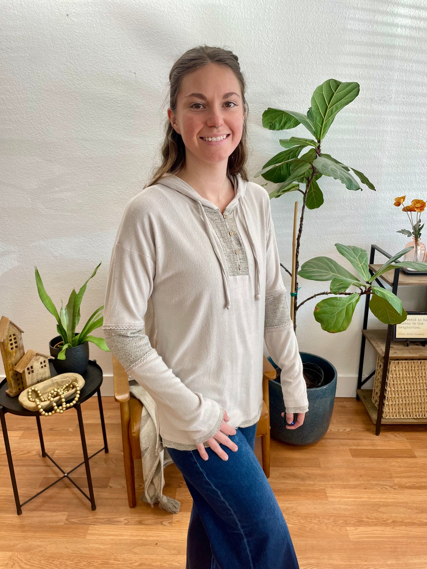 Taupe Mixed Texture Hoodie - Terra Cottage