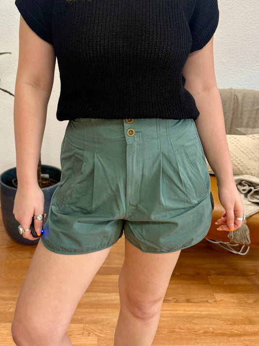 Dusty Green High Waist Pleated Shorts