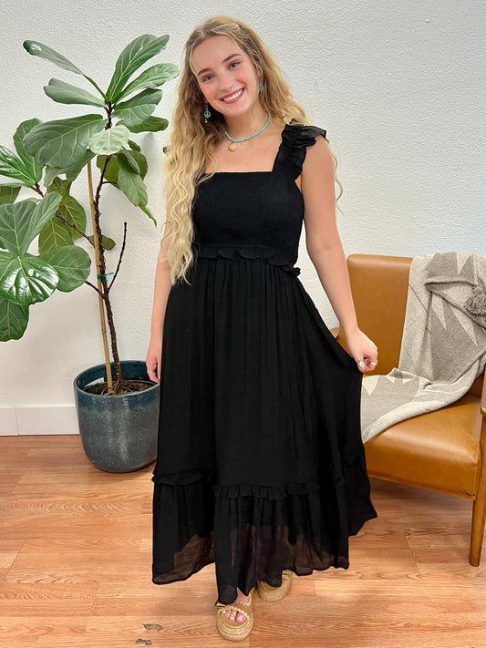 Black Flutter Sleeve Smocked Midi Dress