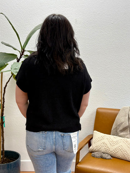 Black Split Neck Knit Pullover