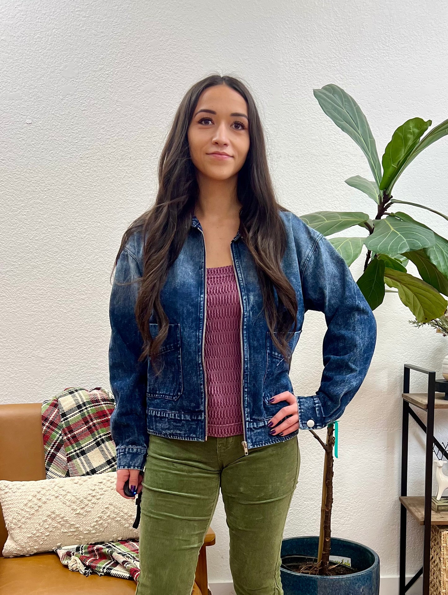 Denim Ruffle Collar Bomber Jacket
