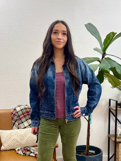 Denim Ruffle Collar Bomber Jacket