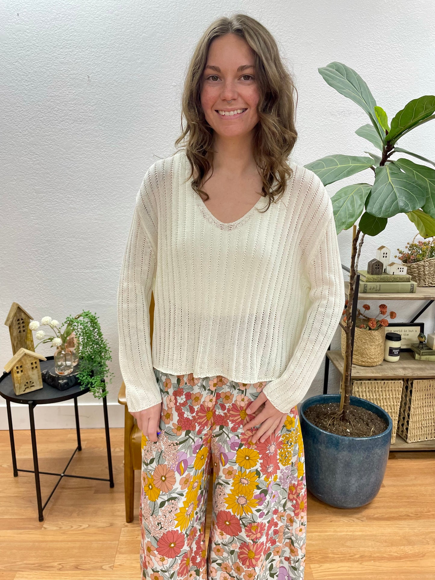 Ivory V Neck Knit Top - Terra Cottage