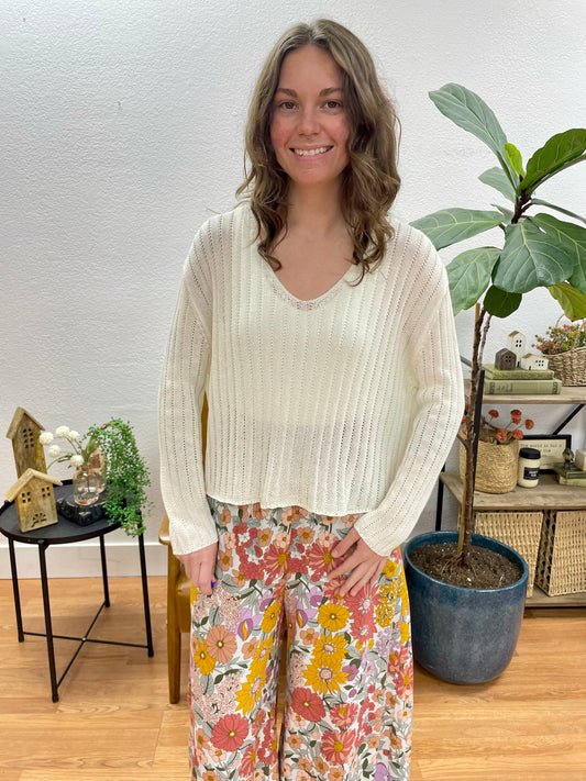 Ivory V Neck Knit Top - Terra Cottage