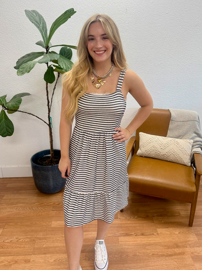 White/Navy Stripe Tiered Dress
