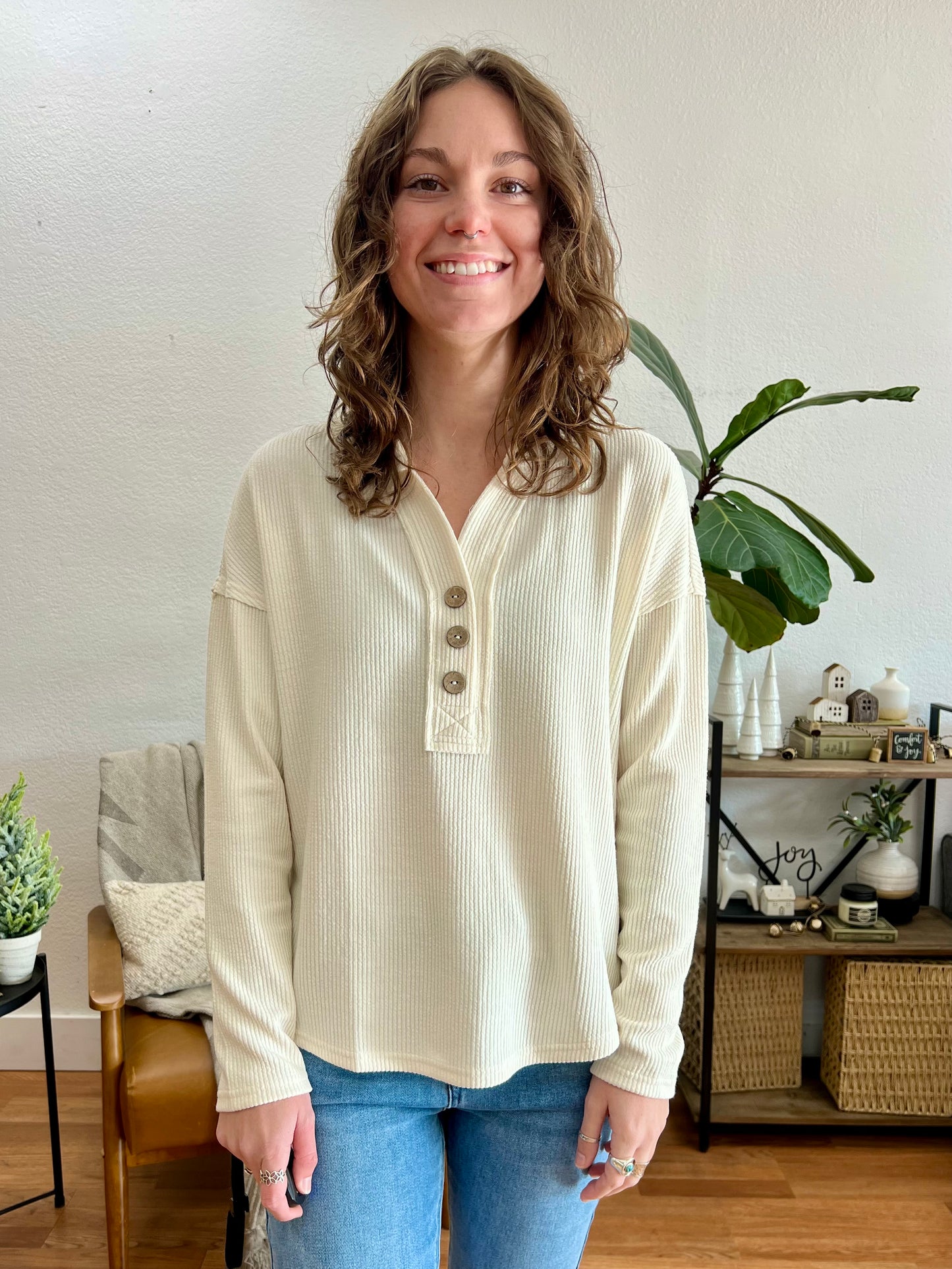 Cream Half Button V Neck Knit Top