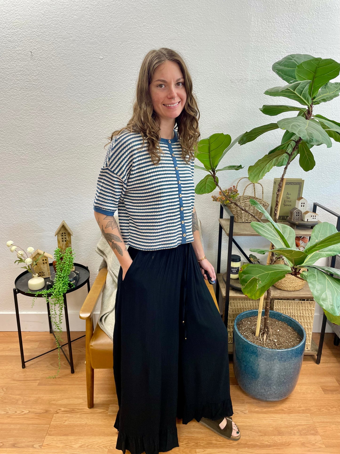 Black Ruffle Hem Drawstring Pants