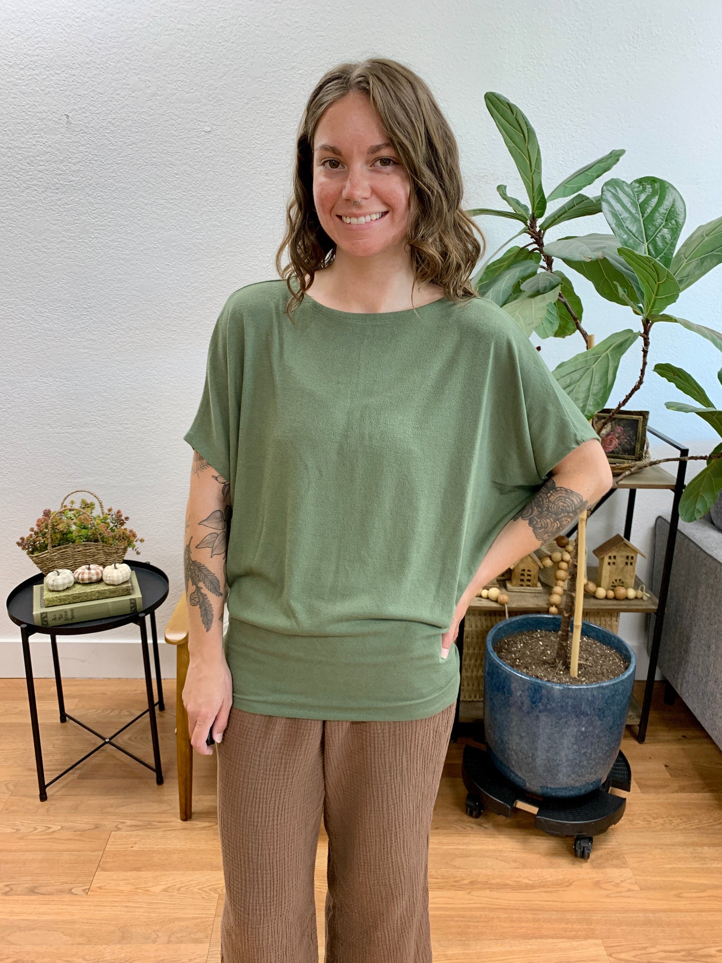Olive Dolman Sleeve Boat Neck Top