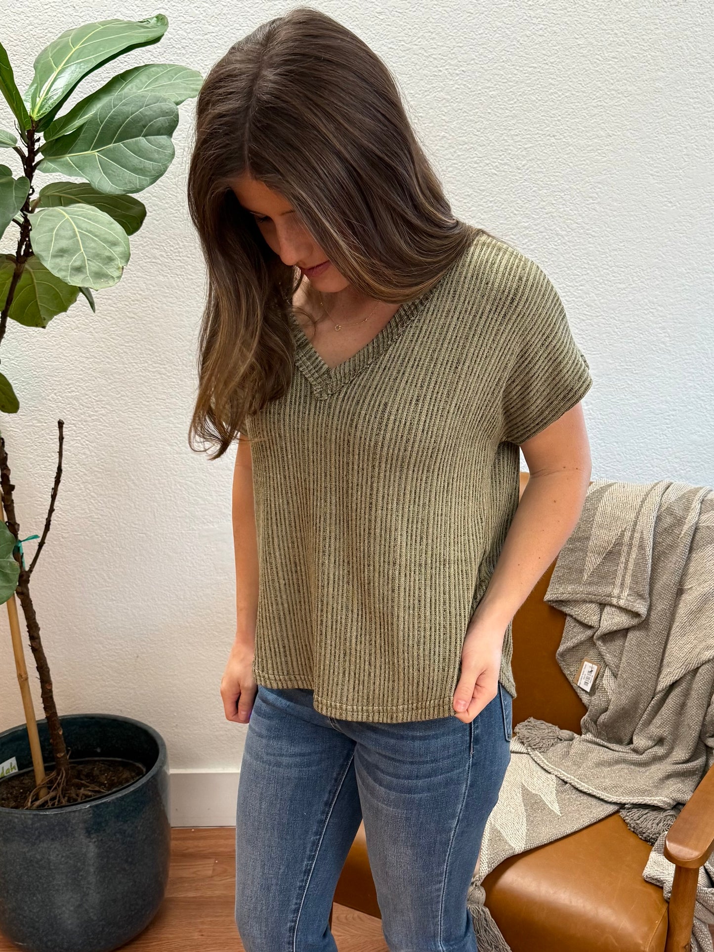 Olive V-Neck Sweater Knit Top