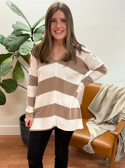 Mocha V-Neck Striped Top