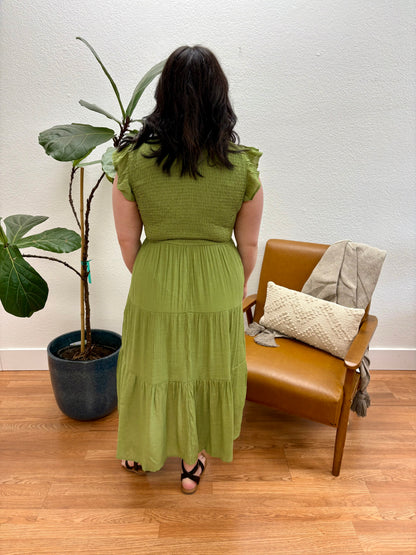 Olive Green Smocked Tiered Midi Dress
