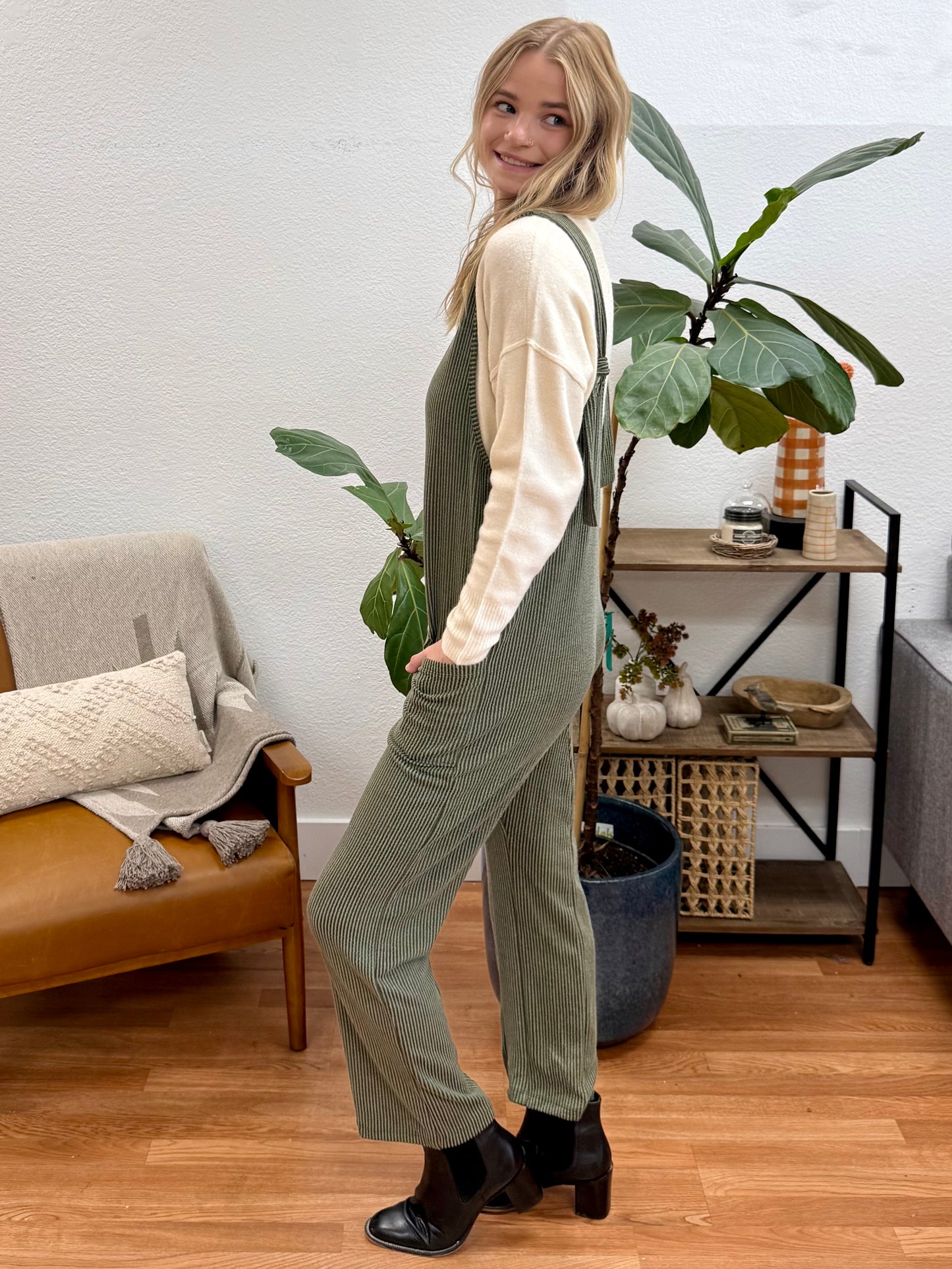 Olive Sleeveless Ribbed Jumpsuit