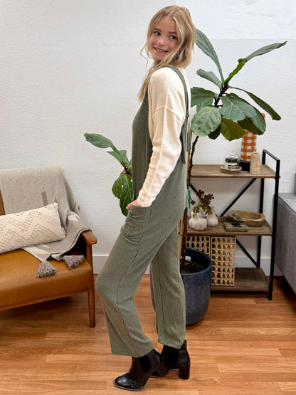 Olive Sleeveless Ribbed Jumpsuit