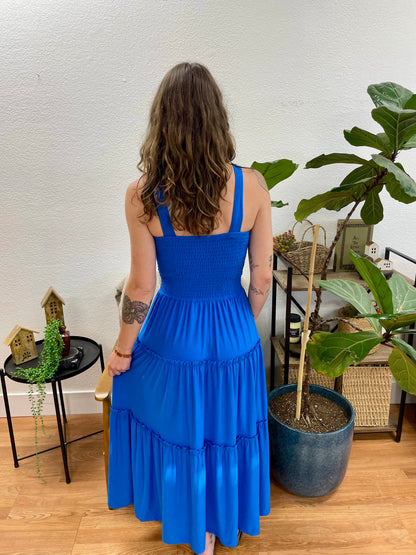 Blue Smocked Tiered Maxi Dress