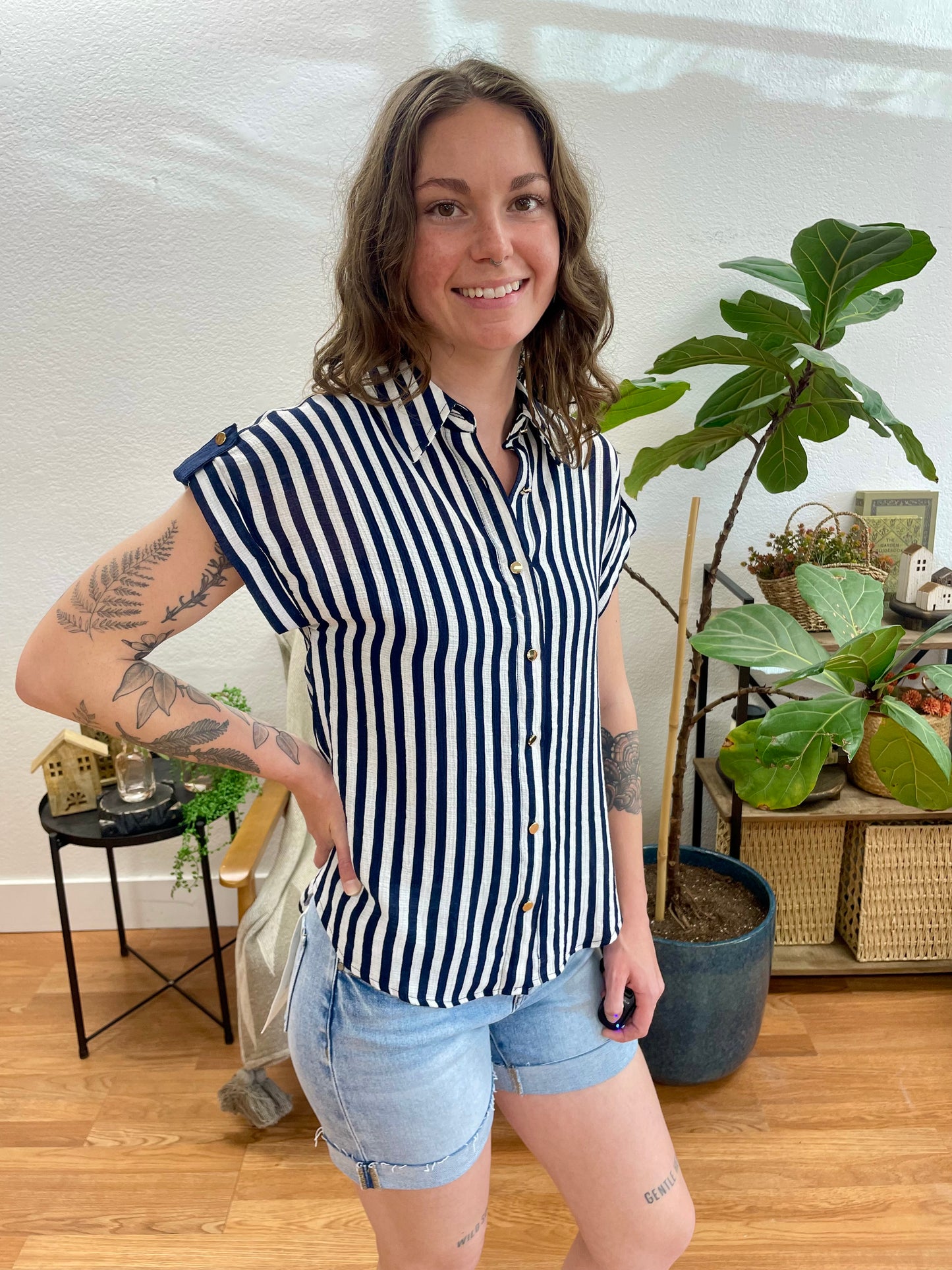 Navy Striped Lightweight Button Down