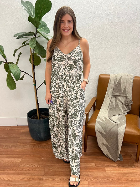 Olive V-Neck Godet Jumpsuit