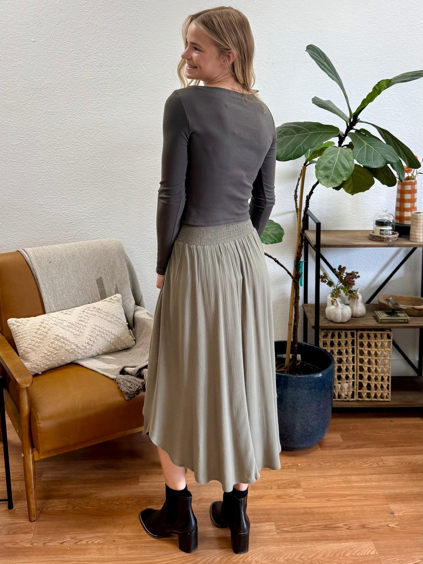 Olive Smocked Waist Flowy Skirt