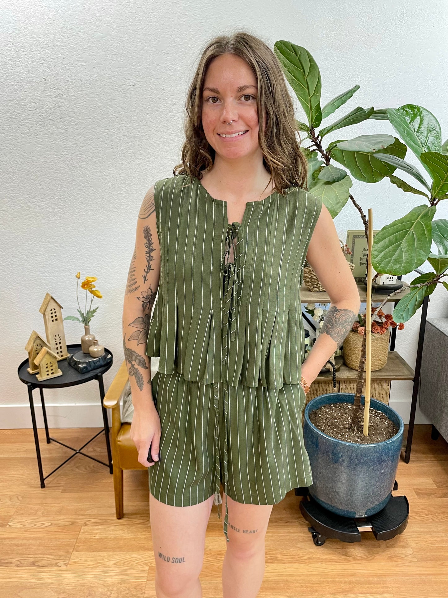 Olive Linen Striped Sleeveless Top