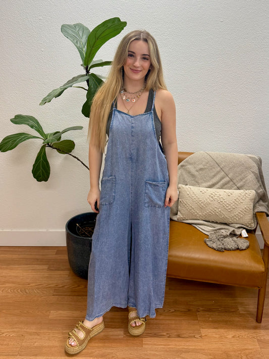 Indigo Acid Washed Wide Leg Jumpsuit